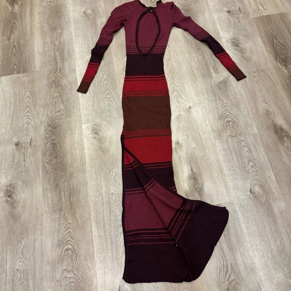 Staud Shoko Maxi Dress Red Burgundy Striped Ribbed Knit Open‎ Back Small - Picture 3 of 8